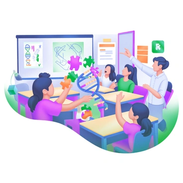 A classroom filled with students engaged in assembling a large DNA model puzzle. The classroom features bright colored walls, posters of scientific diagrams, and desks arranged in groups. Several students are focused on connecting the colorful puzzle pieces, which are shaped like the components of DNA. Some students are discussing and pointing at a diagram on a nearby whiteboard, while others are holding up pieces to show their friends. A teacher is observing the activity with a smile, encouraging collaboration among the students. The atmosphere reflects an active learning environment.