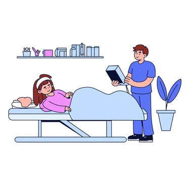 A woman lying comfortably on a treatment table, covered with a light blue sheet. She has long brown hair and is wearing a white headband. A technician stands beside her, wearing a blue uniform, adjusting a high-tech laser device. The room is softly lit, creating a calming atmosphere. Various medical tools and equipment are organized neatly on a nearby shelf, and a plant is placed in the corner, adding a touch of greenery.