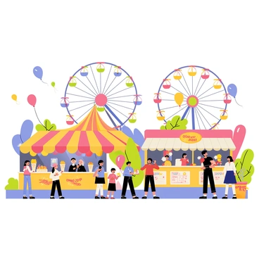 A vibrant city fair scene featuring families enjoying various activities. There are colorful food stalls with striped canopies, offering a variety of snacks like popcorn, cotton candy, and hot dogs. Groups of children are playing games, trying to win prizes at booths adorned with bright signs. In the background, a large, colorful Ferris wheel is turning, with people riding in the enclosed gondolas. Balloons in various colors float above the fair, adding to the festive atmosphere. Families are seen laughing and taking pictures, capturing the joyful moments together.
