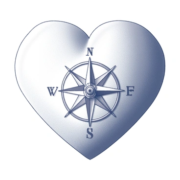 A "compass" is situated at the center of a "heart" shape. The compass features detailed cardinal points and an ornate needle, which points towards the north. The heart is drawn with smooth, continuous lines, emphasizing its shape and contours. Surrounding the heart are subtle embellishments, suggesting themes of "guidance" and the "search for direction in life." The overall composition evokes a sense of purpose and exploration.