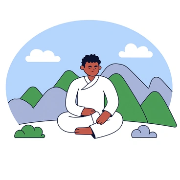 A person sitting cross-legged on a mountain peak. The individual has eyes closed and a serene expression, wearing a simple white robe. The person is surrounded by multiple layers of mountains in the background, with varying shades of green and gray. The sky is clear blue, and a few fluffy white clouds are scattered. The foreground features a few small rocks and patches of grass. The scene conveys a sense of tranquility and solitude.