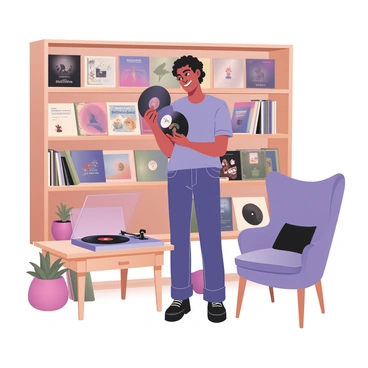 A person is standing in front of a wooden shelving unit filled with vinyl records. The individual has medium skin and short curly hair, wearing a casual blue t-shirt and denim jeans. They are holding a vinyl record in their right hand, examining the cover closely with a smile on their face. The record collection includes various colorful album covers, some displayed upright and others stacked horizontally. There is a turntable on a nearby side table, with a record already spinning on it. The background features a cozy room with warm lighting, a small potted plant on the table, and a comfortable armchair in the corner.