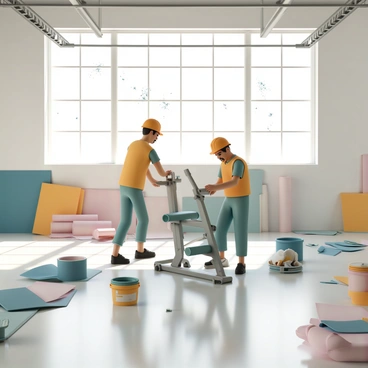 A spacious gym filled with scattered construction materials, including rolls of rubber flooring and buckets of paint. In the center, a brand-new leg curl machine is being installed. The machine is sleek and modern, with shiny metallic components and comfortable padding. A construction worker, wearing a hard hat, is carefully adjusting the machine while another worker is organizing tools nearby. Sunlight streams in through large windows, illuminating dust motes in the air and creating a dynamic atmosphere of active renovation.