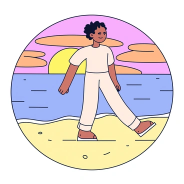 A person walking along a sandy beach. The beach has soft, golden sand that captures the warm hues of the sunset. The sky is filled with shades of orange, pink, and purple as the sun sets on the horizon. Gentle waves are lapping at the person's feet, creating small ripples in the water. The person is wearing light, casual clothing and is seen in side profile, enjoying the peaceful moment.