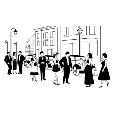 A busy street scene from the 1920s filled with people dressed in period attire. A group of men in suits and hats are conversing on the sidewalk, while women in flapper dresses and cloche hats are walking by, some carrying handbags. Vintage cars are parked along the street, showcasing their distinctive designs. A streetlight stands nearby, adding to the era's ambiance. The buildings in the background have ornate architectural details typical of the time.