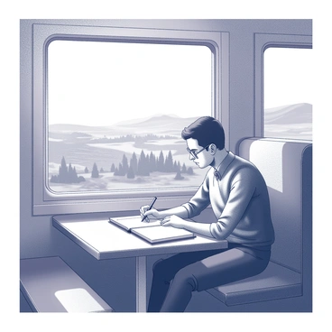 An author is seated at a small table in a train compartment. The author is focused on writing in a journal, with a pen poised above the open pages. In the background, a window reveals a panoramic view of landscapes rushing by. Outside the window, there are rolling hills interspersed with patches of forests and fields. The compartments are adorned with simple, vintage decor, and a soft light filters through the window illuminating the author's thoughtful expression. The train conveys a sense of motion, capturing the experience of travel.