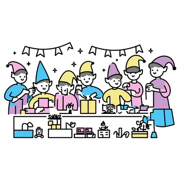 A group of elves, each wearing pointed hats in vibrant colors, are busily wrapping presents in a workshop. The workshop is filled with toys scattered around, including teddy bears, toy trains, and dolls. The elves are using bright wrapping paper, with some rolling tape and others tying bows. The walls of the workshop are adorned with banners and festive decorations, adding to the lively atmosphere.