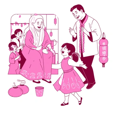 A pink child is wearing a colorful traditional outfit, with patterns and embellishments, as they follow their grandparent's movements. The grandparent, dressed in a white attire, is demonstrating a traditional dance step with a joyful expression. Around them, there are decorative items such as lanterns and garlands, contributing to the festive atmosphere. In the background, other family members are clapping and smiling, adding to the lively and warm environment.
