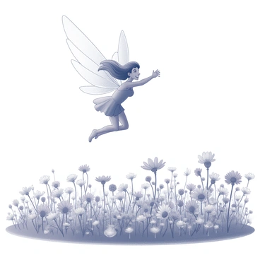 A flower fairy is soaring above a vast field of wildflowers. She has delicate wings that are spread wide, shimmering in the sunlight. Her hair flows gracefully behind her as she glides through the air. The wildflowers below are abundant, featuring a mix of various shapes and sizes, creating a rich tapestry of blossoms. The scene captures the fairy in mid-flight, with a joyful expression on her face as she enjoys the beauty of the nature surrounding her.