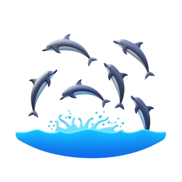 A group of dolphins jumping out of the water in a perfect parabolic arc. Each dolphin is sleek and streamlined, showcasing their glistening skin in shades of gray and blue. The water splashes dynamically around them, with droplets sparkling in the sunlight. The scene captures multiple dolphins, each at different heights in their jumps, creating a sense of motion and energy in the image.