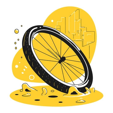 A close-up view of a bike tire partially submerged in a puddle on a city street. The tire is black, showcasing its tread patterns as it rolls through the water. Splashes of water are being thrown into the air, creating a dynamic effect. The background includes hints of wet pavement and blurred outlines of buildings, indicating a rainy day. Thin droplets glisten on the surface of the puddle, reflecting the surroundings.