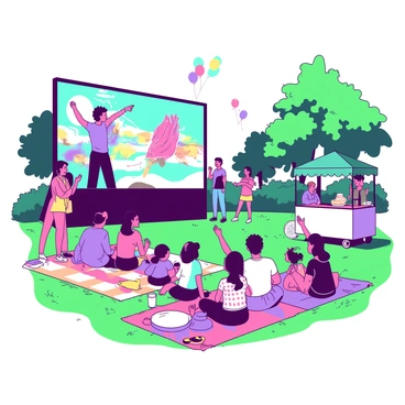 A vibrant scene in a park where a diverse group of people has gathered to watch a public broadcast on a large screen. There are adults and children sitting on colorful picnic blankets spread out on the green grass. The big screen is displaying dynamic visuals, illuminating the faces of spectators with excitement. A few people are standing, pointing at the screen, while others are clapping and cheering. Nearby, there is a small white food cart with a teal umbrella, where people are buying snacks and drinks. Trees in the background provide shade, and some balloons can be seen floating above the crowd, adding to the festive atmosphere.