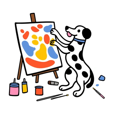 A Dalmatian dog with black spots is standing on its hind legs in front of a large canvas. The dog has paint splatters on its white paws in vibrant colors like red, blue, and yellow. Its tongue is out, showing excitement as it playfully paws the canvas, creating unique patterns with the paint. There are various paint tubes and brushes scattered around on the ground, adding to the creative atmosphere. The canvas itself displays a colorful abstract design, showcasing the dog's artistic expression.