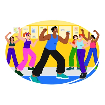 A fitness instructor demonstrating standing side crunches in a brightly lit gym. The instructor has a determined expression and is wearing a vibrant blue tank top and black leggings. Around the instructor, several enthusiastic participants are following along, each in colorful workout attire. One participant has a red headband and is smiling, while another is wearing green sneakers and has their arms raised high. The gym is equipped with exercise mats and motivational posters on the walls, enhancing the energetic atmosphere. Each person's movements reflect focus and joy as they engage in the exercise.