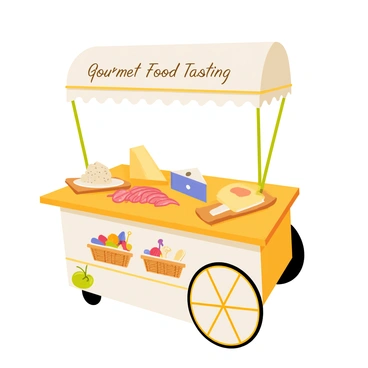 A gourmet food tasting cart offering samples of cheeses and charcuterie in a gourmet market