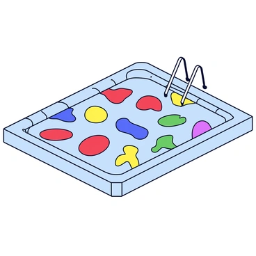 A rectangular swimming pool filled with an assortment of colorful allele shapes instead of water. The allele shapes are variously sized and include ovals, circles, and zigzag forms. Each shape is a different vibrant color, such as red, blue, yellow, green, and purple, creating a lively contrast against the light blue tiled pool bottom. The pool is surrounded by a simple white deck, with a single ladder leading into the colorful display.
