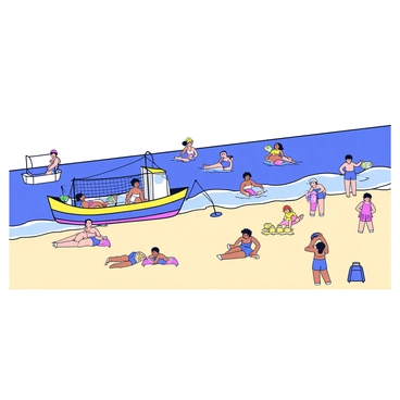 A fishing barge is anchored near a sandy beach. The barge is painted in bright colors, with fishing gear and nets visibly arranged on its deck. Nearby, several people are swimming in the clear blue water, while others are playing beach volleyball on the sand. Colorful beach towels and umbrellas are scattered across the shore, and a few children are building sandcastles. In the background, gentle waves lap at the beach, creating a lively atmosphere.
