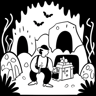 An explorer dressed in rugged attire is kneeling in front of a glowing treasure chest at the center of a mystical cave. The treasure chest is slightly ajar, revealing stacks of gold coins and sparkling jewels that emit a soft light. Tall, jagged rock formations surround the scene, with strange, luminescent plants growing along the cave walls. Shadows of bats can be seen flitting above, and a faint mist swirls around the explorer’s feet, adding to the atmosphere. The explorer holds a torch in one hand, illuminating the intricate carvings on the cave walls which depict ancient stories.