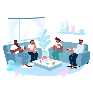 A group of employees is sitting on comfortable couches in an office lounge. Some are playing board games while others are enjoying a variety of snacks displayed on a low coffee table. The room is filled with soft, gradient pastel colors that create a relaxed atmosphere. A couple of employees are laughing together as they engage in a game, while another is standing near a snack table, filling a plate with colorful treats. A large window allows natural light to stream in, illuminating the cozy space. A few plants are placed around the room, adding a touch of greenery.