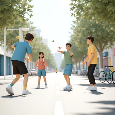 A group of four teenagers is playing street cricket in a lively urban setting. One boy, wearing a blue t-shirt, black shorts, and white sneakers, is confidently holding a bat, poised to swing. A girl stands nearby, wearing a red tank top and jeans, watching intently with a smile. Another boy in a green shirt and cargo shorts is fielding with his hands out, ready to catch the taped tennis ball. The fourth teenager, dressed in a yellow shirt and black leggings, is pitching the ball underarm towards the batter. The street is lined with trees and parked bicycles, creating a vibrant atmosphere as the sunlight filters through the leaves.