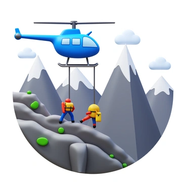 An R66 helicopter hovering above a rugged mountain landscape. The helicopter is in a vivid blue color with distinctive markings. Below the helicopter, a rescue team member is being lowered by a cable towards a stranded hiker on the steep, rocky surface. The hiker is wearing bright yellow safety gear and appears to be waving for help. Snow-capped peaks rise majestically in the background, and there are patches of green vegetation visible on the mountainside. The sky is clear with a few scattered clouds.