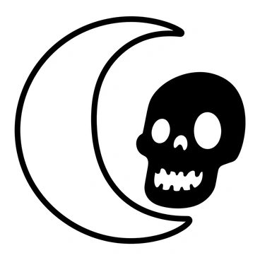 A black skull silhouette positioned within a white crescent moon. The crescent moon has a smooth, curved shape, slightly tilted to the right. The skull features hollow eye sockets and a defined jawline, creating a stark contrast against the moon's surface. The overall composition is minimalistic, emphasizing the interplay of the skull and the crescent moon.