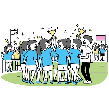 A high school sports team is celebrating a victory on a green field. The players, wearing matching blue and white uniforms, are gathered together in a joyful huddle. Each player is holding a trophy high above their heads, glinting in the sunlight. Some team members are giving high-fives, while others are smiling broadly. In the background, a crowd of enthusiastic supporters can be seen cheering and clapping, with colorful banners and signs. The excitement in the atmosphere is palpable as the team revels in their hard-earned success.