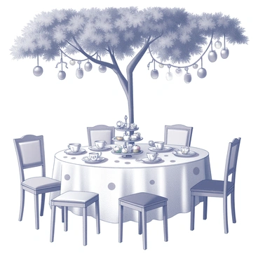 A table set for a tea party under a large tree. The table is adorned with a white tablecloth featuring delicate apple-themed patterns. There are several teacups and saucers arranged neatly on the table, each displaying intricate apple motifs. A tiered stand showcases various apple-flavored treats, including apple tarts, apple slices with caramel, and mini apple pies. Surrounding the table are mismatched chairs, each with cozy cushions. In the background, decorative apple garlands hang from the tree branches, creating a warm and inviting atmosphere.