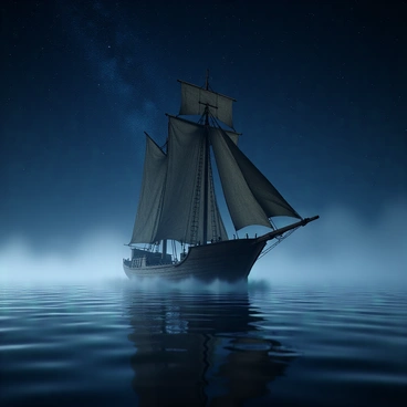 A phantom ship with tattered sails and an aged wooden hull glides silently through misty waters. The water reflects the shimmering light of countless stars scattered across a deep blue night sky. The ship's ghostly appearance is enhanced by the wisps of fog curling around its bow. The scene captures a sense of eerie stillness, with the gentle ripples in the water surrounding the vessel. The vastness of the starry sky provides a dramatic backdrop to the haunting journey of the ship.