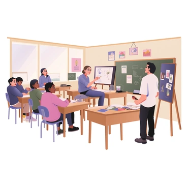 A digital flat illustration depicting a classroom scene where a class of students is engaged in learning illustration techniques. The classroom has large windows letting in sunlight. The students, varied in skin tones and hairstyles, are sitting at wooden desks with sketchbooks open in front of them. Some students are focused on drawing with pencils, while others are watching a skilled artist at the front of the room. The artist, with light skin and short dark hair, is demonstrating techniques on a large easel. There are colorful artwork and posters on the walls, showcasing different illustration styles. A chalkboard with notes and sketches is visible behind the artist, adding to the educational atmosphere.