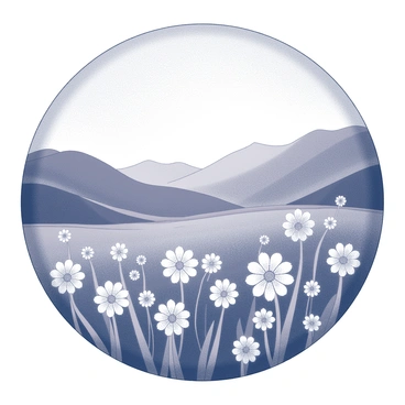 A landscape viewed through a kaleidoscope, featuring intricate and symmetrical patterns. The scene includes a variety of hills with rolling contours in the background, and fields filled with stylized flowers of various shapes. The flowers exhibit repetitive designs that create a visually striking effect. The overall composition is harmonious, focusing on the interplay between the floral elements and the undulating hills, all rendered in detailed monochrome.