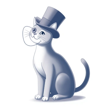 A cat with an elegant posture is wearing a Victorian-style top hat. The top hat is tall and cylindrical, sitting atop the cat's head. A monocle is positioned over one eye, secured by a delicate chain that arches gracefully. The cat has a sleek fur texture and a dignified expression, exuding an aura of sophistication. The background is minimal, emphasizing the cat's distinguished attire.