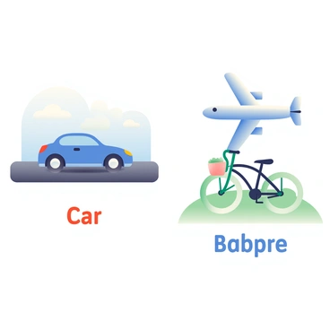 A flashcard is displayed with a white background. On the left side, there is an image of a blue car with a sleek design, parked on a road. Next to it, an airplane with a white body and blue wings is shown, soaring in a clear blue sky with fluffy white clouds. On the right side, there is a green bicycle with a basket attached, standing on a grassy area. Each mode of transportation is labeled with the corresponding mode name in bold, colorful letters: "Car", "Airplane", and "Bicycle".