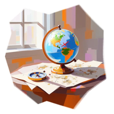 A detailed globe sits prominently on a wooden table, showcasing blue oceans and green continents. A red "X" mark is clearly visible on a specific location, suggesting the spot of hidden treasure. Surrounding the globe are scattered pieces of an ancient-looking map, with hints of faded parchment and intricate illustrations of sea monsters and mythical islands. A compass lies nearby, its needle pointing towards the North, adding to the sense of adventure. Sunlight streams through a nearby window, casting soft shadows across the scene and enhancing the mysterious atmosphere.