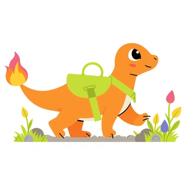A Charmander with bright orange scales and a flame flickering at the tip of its tail is walking forward. The Charmander has a small green backpack strapped securely to its back. Its large eyes are filled with excitement and determination. The ground is a mix of green grass and small rocks, suggesting a forest path. In the background, there are trees with vibrant leaves, adding to the adventurous atmosphere. The Charmander is looking up as if ready to explore the world ahead.