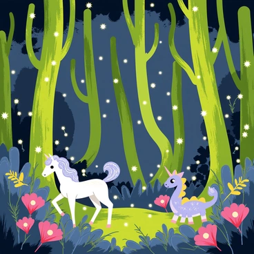 A magical forest with tall, twisting trees covered in vibrant green moss. The plants emit a soft, glowing light in various colors, illuminating the surroundings. Delicate flowers with luminescent petals bloom among the underbrush. Mythical creatures such as a gentle unicorn with a shimmering silver mane and a small dragon with iridescent scales can be seen weaving through the foliage. The atmosphere is filled with sparkling fireflies flitting about, adding to the enchanting scene.