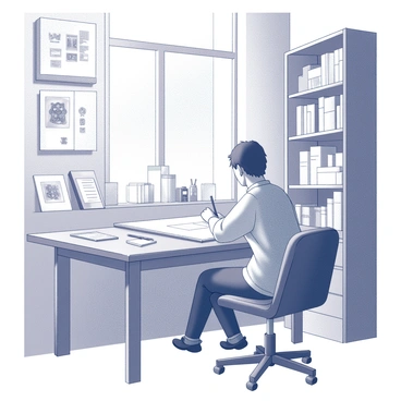 A cozy studio with an illustrator surrounded by sketches and template designs on the walls.