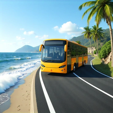 A new bus with a sleek, modern design in bright colors is cruising along a winding coastal road. The bus has large windows that reflect the sunlight, showcasing its polished exterior. Nearby, waves are crashing vigorously on the sandy shore, creating a spray of white foam that contrasts with the deep blue of the ocean. Lush greenery lines the road, with tall palm trees swaying gently in the breeze. In the background, cliffs rise up, adding to the dramatic coastal scenery. The sky is clear with a few fluffy clouds, enhancing the vibrant atmosphere of this coastal drive.