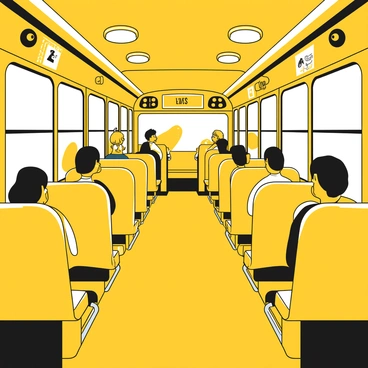 The interior of a yellow school bus is depicted, showcasing several rows of bench seats arranged along the sides. The seats are filled with children, some chatting and others looking out the windows. The walls of the bus are adorned with safety instructions and vibrant illustrations. Overhead, light fixtures illuminate the space, while the large windows create a view of a schoolyard outside. The floor is made of a sturdy material, and the bus has metal handrails lining the aisle for safety.