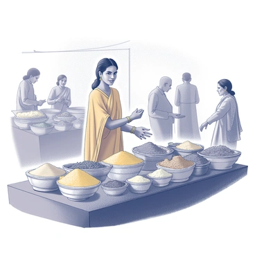 An Indian lady is standing behind a market stall filled with various spices. She is wearing traditional attire that includes a bright sari. The stall is adorned with baskets and containers overflowing with an assortment of spices, such as turmeric, cumin, and coriander. The scene captures the lady as she interacts with customers, gesturing towards the spices, while the surrounding area is filled with market activity, showcasing other vendors and shoppers engaging in lively discussions.