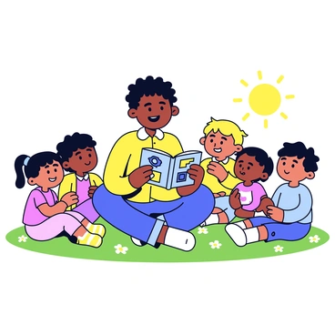 A storyteller with a warm smile sits cross-legged on a grassy patch. The storyteller holds an open book, showcasing colorful illustrations. Surrounding the storyteller are a group of captivated children, each with wide eyes and eager expressions. The children are varied in appearance, with different hairstyles and clothing styles. The grassy patch is bright green, dotted with small flowers. The sun shines down, illuminating the scene, creating a cheerful atmosphere.