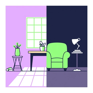 A room is divided in half, with one side brightly lit and the other side in shadow. On the illuminated side, there is a large window with light streaming in, casting distinct patterns on the floor. A wooden table sits in the center, adorned with a vase of flowers and a stack of books. In contrast, the shadowed side features a plush armchair against the wall, partially obscured by darkness. A small lamp on a side table emits a faint glow, highlighting a few scattered items. The division between light and shadow creates a striking visual effect, emphasizing the contrast in lighting.