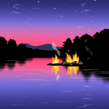 A tranquil lake with a smooth surface reflecting vibrant shades of "bright orange" and "red" from a nearby bonfire. The bonfire burns brightly with flickering flames, surrounded by dark silhouettes of trees at the edge of the lake. The sky above is transitioning into twilight, with hints of "purple" and "blue" mixing into the atmosphere. Wisps of smoke drift gently upwards from the bonfire, creating a soft contrast against the night sky. Small ripples form on the lake’s surface, distorting the fiery reflections slightly.