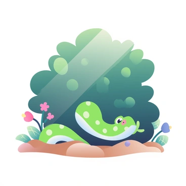 A small green snake is partially emerging from underneath a bush with dark green leaves. The snake's smooth scales glisten in the sunlight, showcasing a pattern of subtle lighter spots. Its head is raised slightly, with large, curious eyes observing its surroundings. Tiny, colorful flowers are blooming around the base of the bush, adding vibrant specks of color to the scene. The ground is covered in soft, brown soil with patches of grass peeking through, creating a natural setting for the snake.