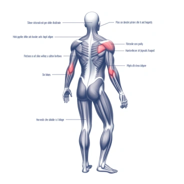 A detailed illustration of human muscle anatomy is presented. The muscular system is clearly defined, showcasing major muscle groups such as the biceps, triceps, quadriceps, and hamstrings. Specific areas of pain are highlighted, indicating common sites where individuals often experience discomfort. The illustration includes labels for each muscle group, emphasizing their names and locations within the body. The overall composition is anatomical and educational, designed to convey information about muscle structure and pain areas effectively.