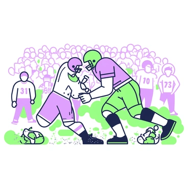 Two football players are colliding in an intense tackle on a muddy field. One player, wearing a helmet and shoulder pads, is in mid-motion, diving towards the other player, who is bracing for impact with his arms outstretched. The muddy ground beneath them is splattered with earth and grass, accentuating the force of the collision. Surrounding them, blurry outlines of cheering spectators can be seen in the background, adding to the dynamic atmosphere of the scene. Both players' jerseys are slightly dirty from the muddy conditions, emphasizing the physicality of the game.