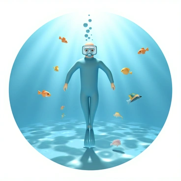 A diver, wearing a blue wetsuit and a transparent mask, is practicing leg extensions underwater. The diver is positioned vertically with their legs extended, creating a streamlined shape in the water. Surrounding the diver are various colorful fish, including orange clownfish, yellow tangs, and vibrant parrotfish, swimming gracefully around. Sunlight filters down from the surface, creating shimmering patterns on the ocean floor, which is covered in soft coral. Bubbles rise from the diver's breathing apparatus, adding movement to the serene underwater scene.