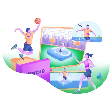 A modern pastel illustration featuring a collage of dynamic sports action scenes from a recent tournament. In one section, a basketball player in mid-air performs a slam dunk, wearing a bright jersey and sports shoes. Another section captures a soccer player kicking a ball towards the goal, surrounded by cheering fans in the background. There is also a swimmer diving into a clear blue pool, with splashes of water visible around. Additionally, a runner crosses the finish line, showing a look of determination on their face. Each action scene is framed with soft pastel colors, creating a cohesive and vibrant visual narrative.