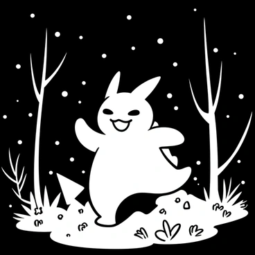 A "Gengar" character with a rounded body and pointed ears is shown in a dynamic pose, appearing to dance amidst scattered "fireflies" that emit light around it. The scene depicts a "dark, enchanted glade" filled with tall, thin trees silhouetted against the dim background. The ground is blanketed with various plants and foliage, while some "fireflies" hover close to the character, illuminating the space with their lights.