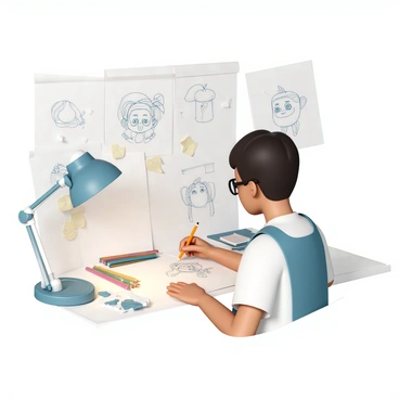 An illustrator, wearing a blue apron and round glasses, is sitting at a cluttered desk filled with art supplies and sketches. They are focused on sketching a cartoon character with a pencil, which is held firmly in their right hand. The desk is covered with various colored pencils, erasers, and crumpled paper, while several half-finished cartoon drawings are scattered around. A lamp illuminates the desk, casting soft light on the character being drawn, which features exaggerated features and a playful expression.